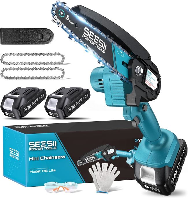 Seesii mini cordless chainsaw trimming tree branches in a California backyard