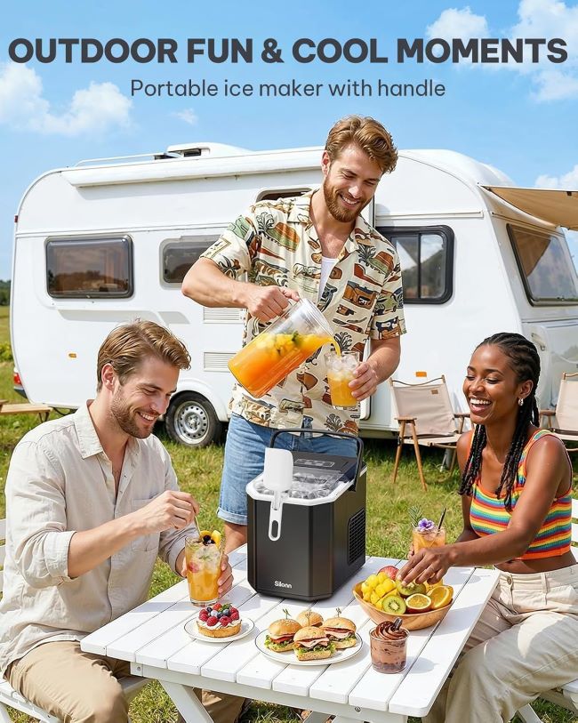 Silonn portable ice maker with carry handle, self-cleaning function, and ice basket for camping