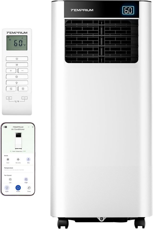 Temprium 8,000 BTU portable air conditioner with app, voice, and remote control plus window kit