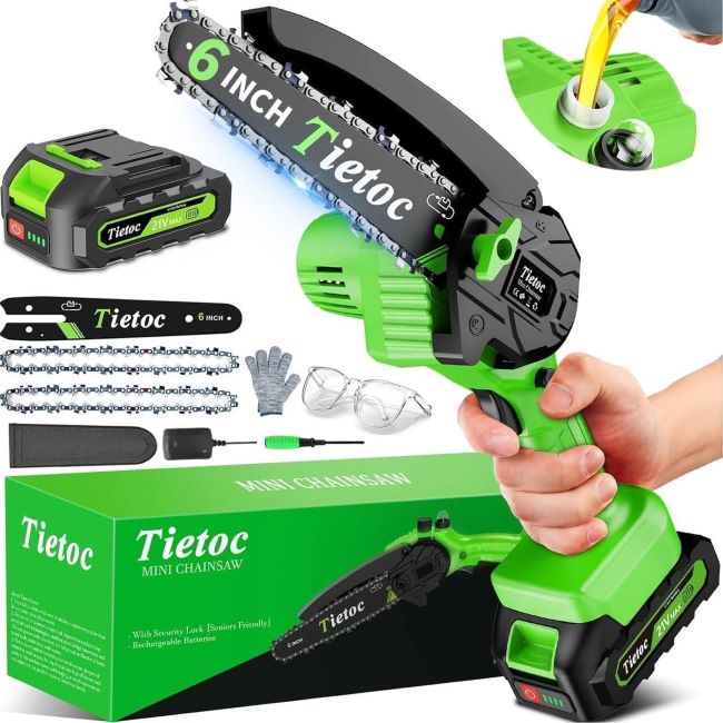 Tietoc 6-inch mini electric chainsaw trimming tree branches in a Georgia backyard