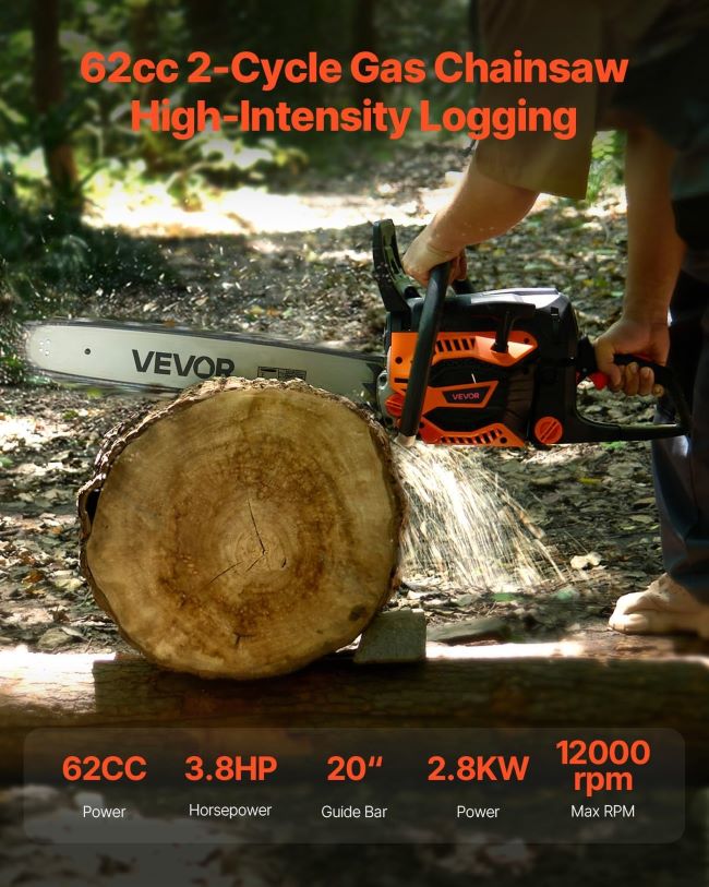 VEVOR 62CC gas chainsaw with 20-inch bar for heavy-duty tree cutting