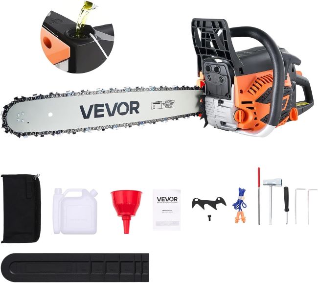 VEVOR 20-inch 62CC gas powered chainsaw cutting large logs in Michigan