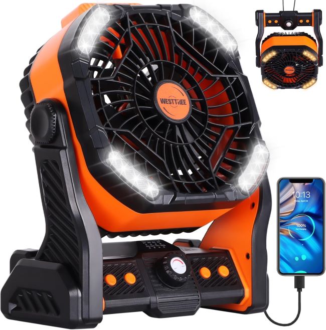 WESTTREE 20000mAh battery-powered camping fan with LED light, hanging hook, and USB charging