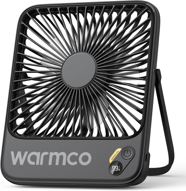 Warmco 10000mAh rechargeable portable travel fan with digital display and quiet airflow for camping and office use