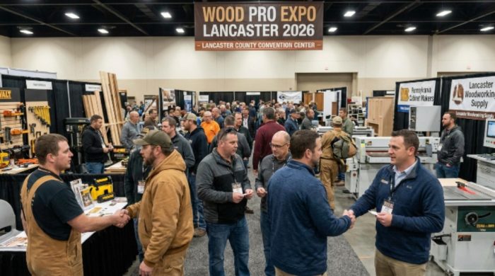 Cabinet makers and shop owners networking on the expo floor at Wood Pro Expo Lancaster 2026 in Lancaster County, Pennsylvania