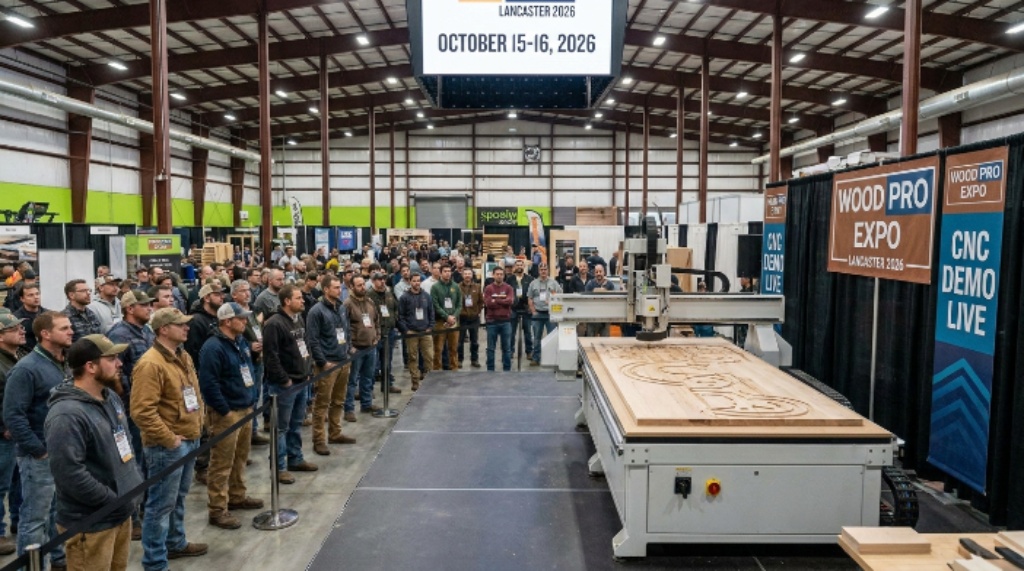 Woodworking professionals watching a live CNC machinery demonstration at Wood Pro Expo Lancaster 2026 inside Spooky Nook Sports Center in Manheim, Pennsylvania