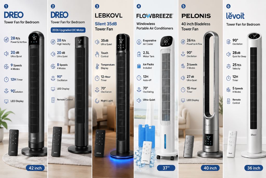 Quiet tower fan providing powerful cooling in a modern bedroom during summer
