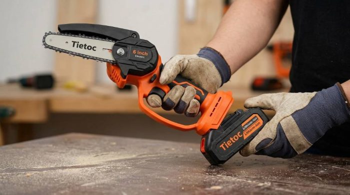 Adjusting chain tension on a Tietoc mini chainsaw