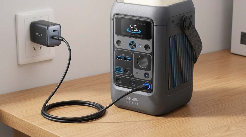 Anker SOLIX C300 DC Power Bank charging with wall adapter
