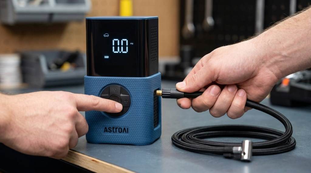 AstroAI L7S inflator connected to a vehicle tire valve