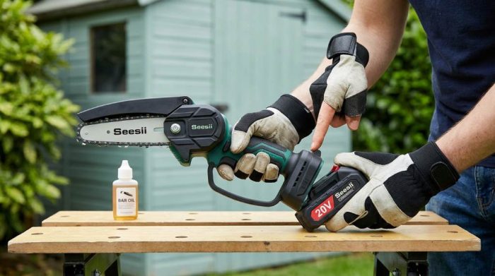 Checking chain tension on a Seesii handheld chainsaw