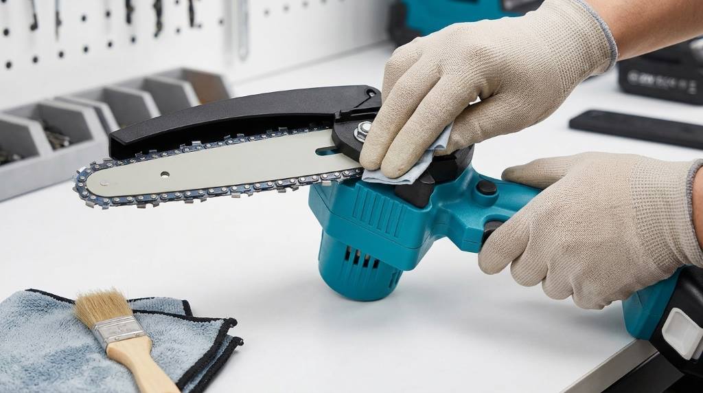 Cleaning a Seesii Mini Cordless Chainsaw after cutting wood