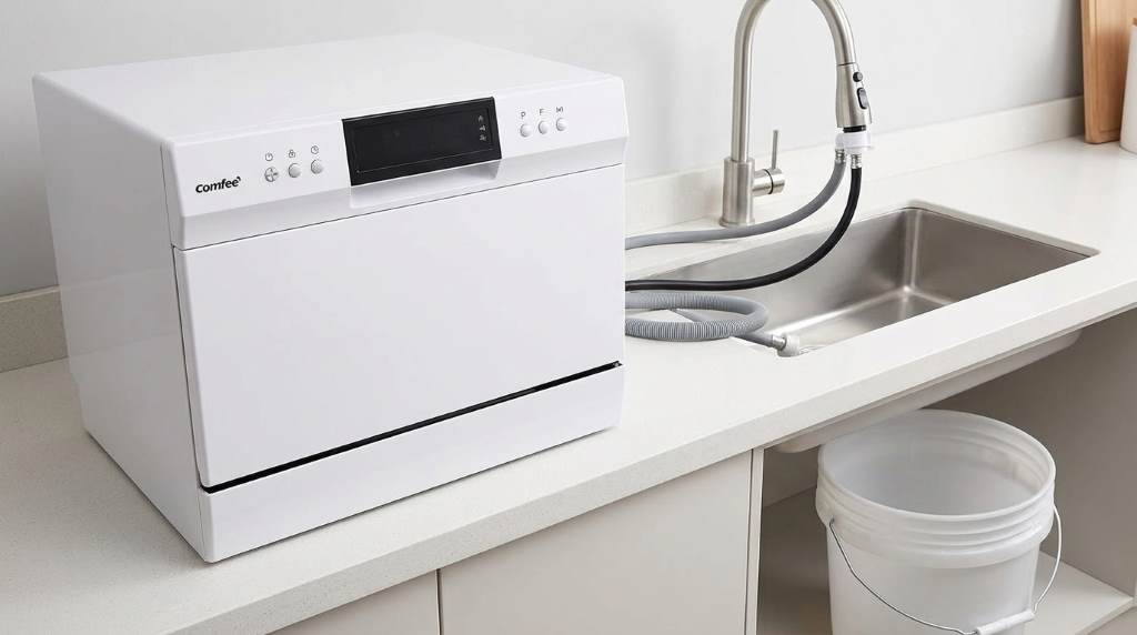Comfee portable mini dishwasher drain hose connected to sink