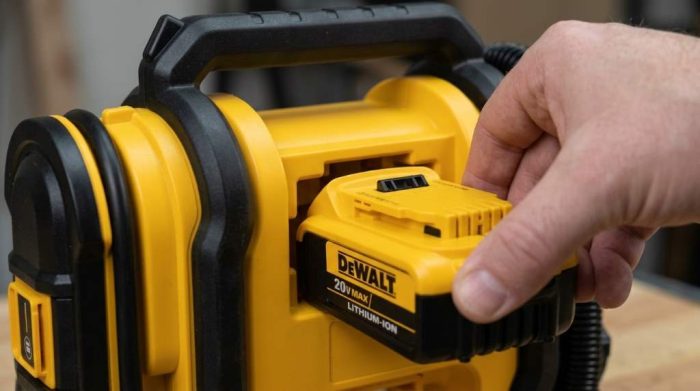Connecting DeWalt tire inflator hose to tire valve stem