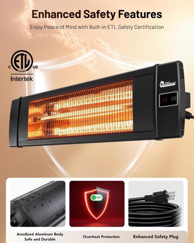 Dr. Infrared portable heater providing warmth in an outdoor patio space