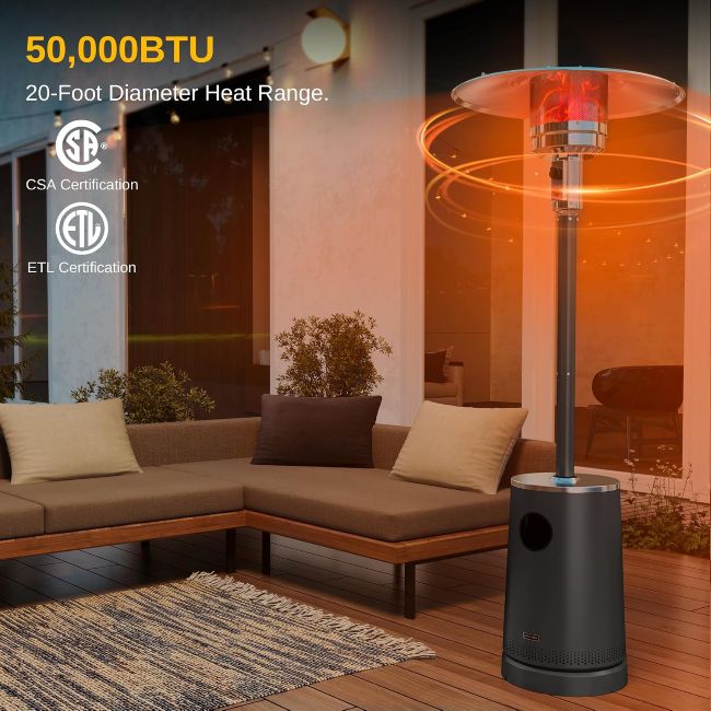 EAST OAK 50,000 BTU propane patio heater with stainless steel burner and wheels