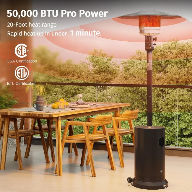EAST OAK outdoor propane patio heater with stainless steel burner and wheels