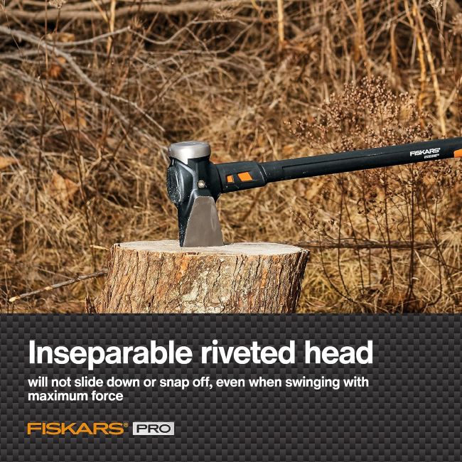 Heavy-duty Fiskars splitting maul with IsoCore shock-control handle for wood splitting