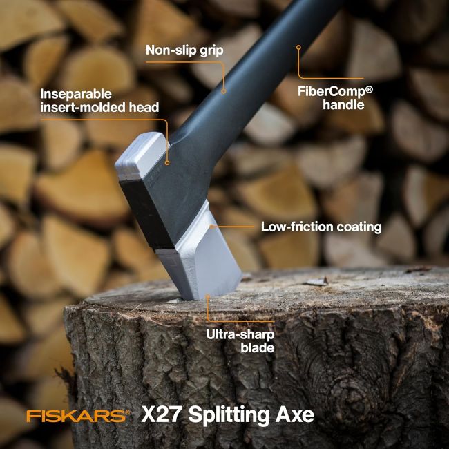 Fiskars X27 splitting axe designed for processing firewood and outdoor tasks