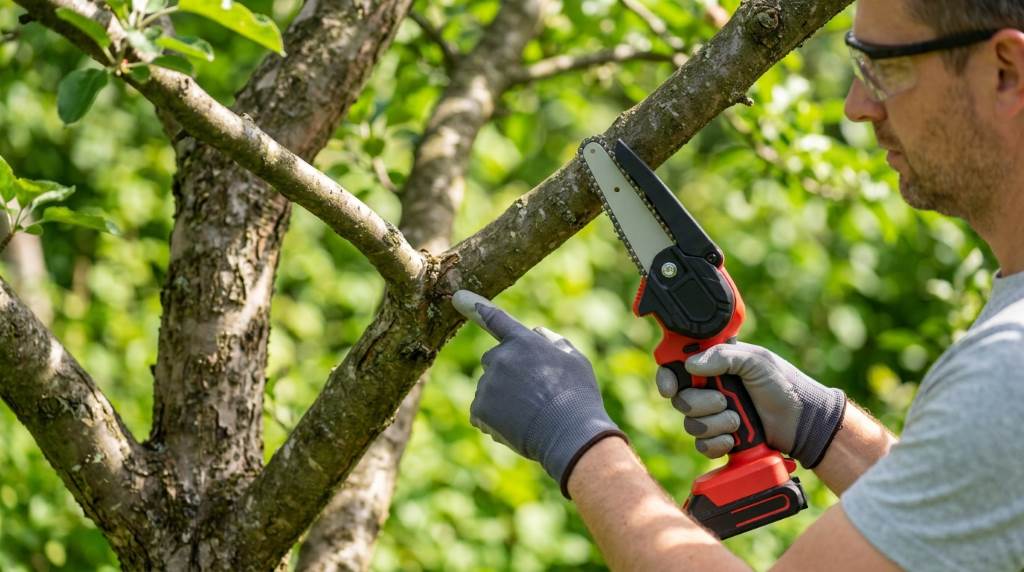 Homeowner pruning tree branches with Supstable mini chainsaw