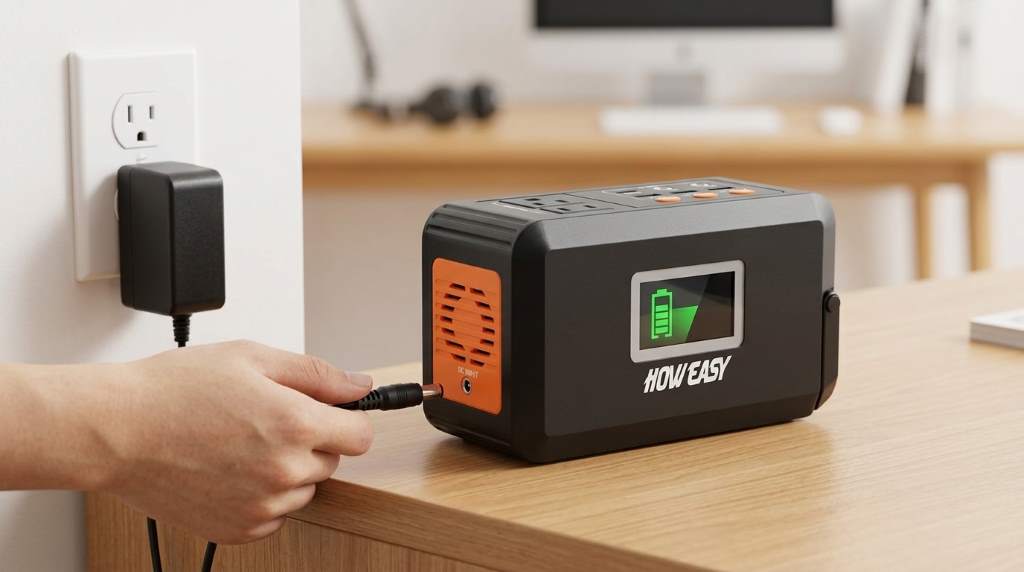 Howeasy portable power station charging with AC adapter