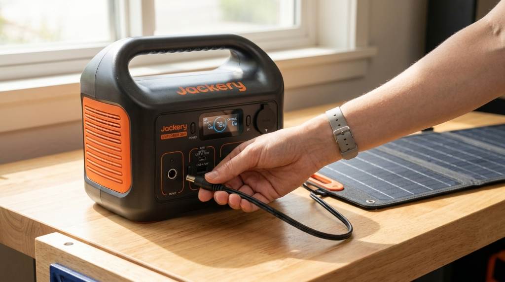 Jackery Explorer 300 Power Station charging from wall outlet