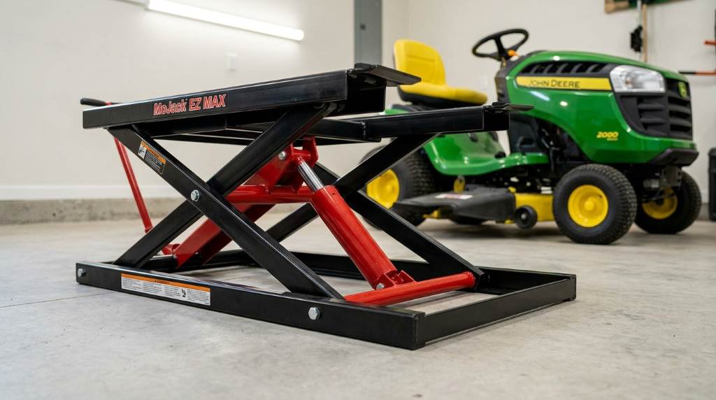 MoJack EZ Max 45001 lifting a riding lawn mower safely