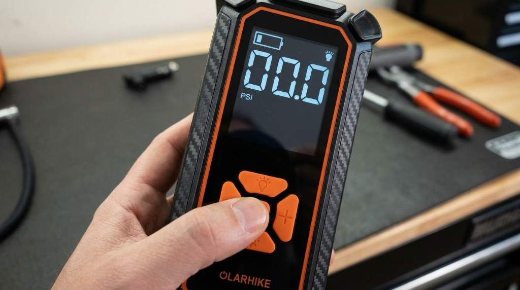 Operating OlarHike portable tire inflator on a car tire