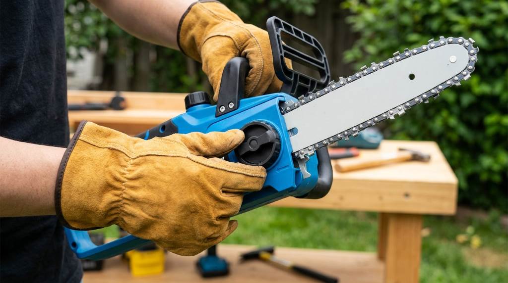 Person cutting tree branch with Ceepuy 6 inch cordless chainsaw safely