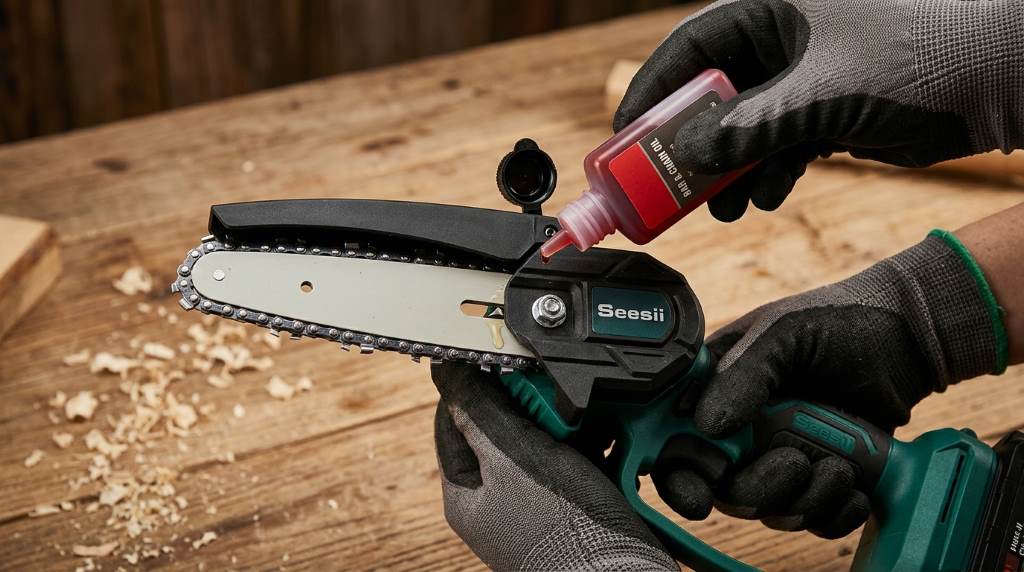 Person operating a Seesii handheld chainsaw safely