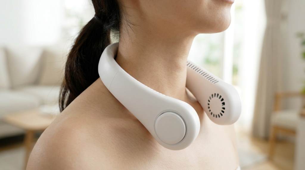 Person wearing a portable neck fan correctly outdoors
