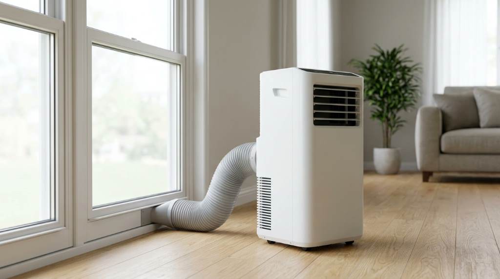 Portable air conditioner vent hose connected to a window kit