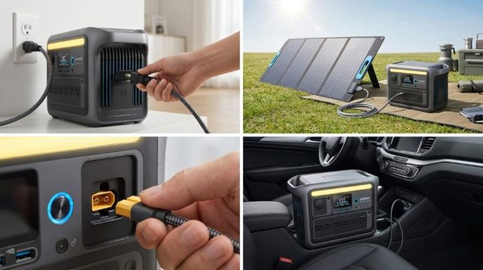 Portable power station connected to compatible solar panels