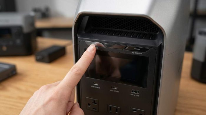 Portable power station display showing battery and output status