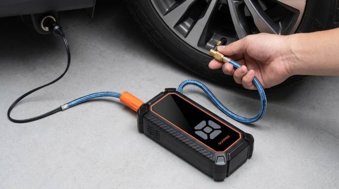 Portable tire inflator with accessories for multiple inflatables