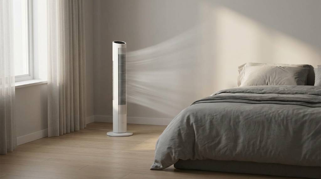 Proper tower fan placement beside a bedroom bed