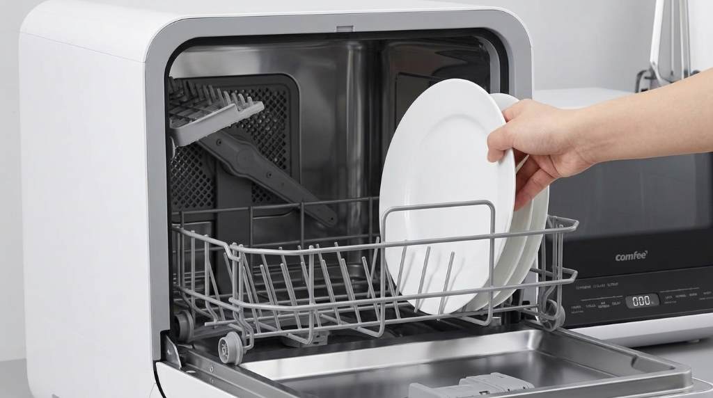 Properly loaded Comfee mini countertop dishwasher rack