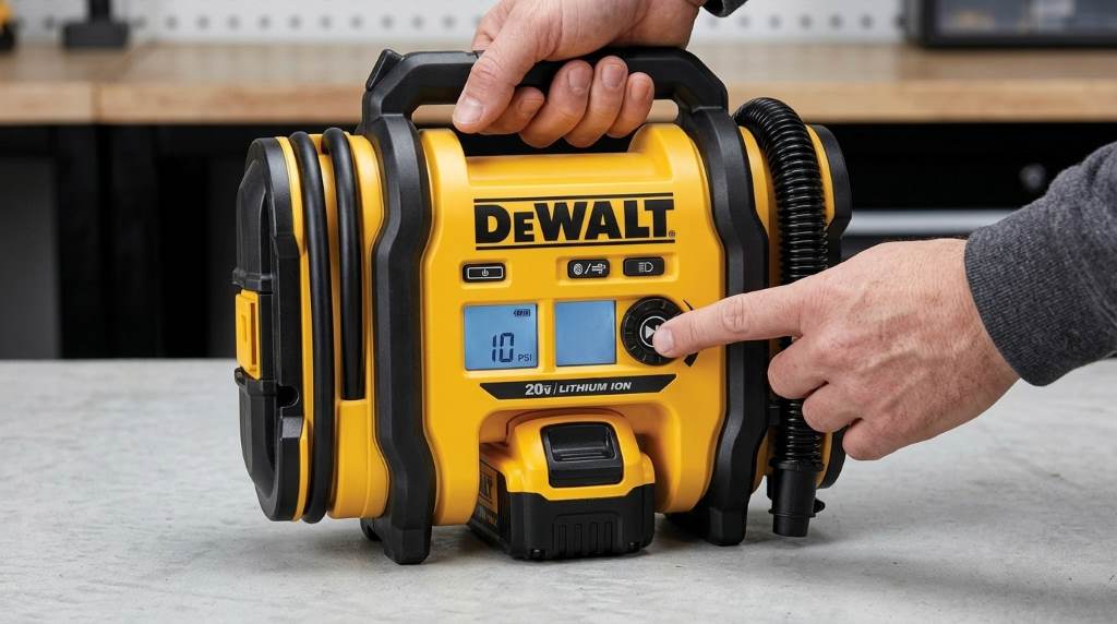 Running DeWalt 20V Max tire inflator on a car tire