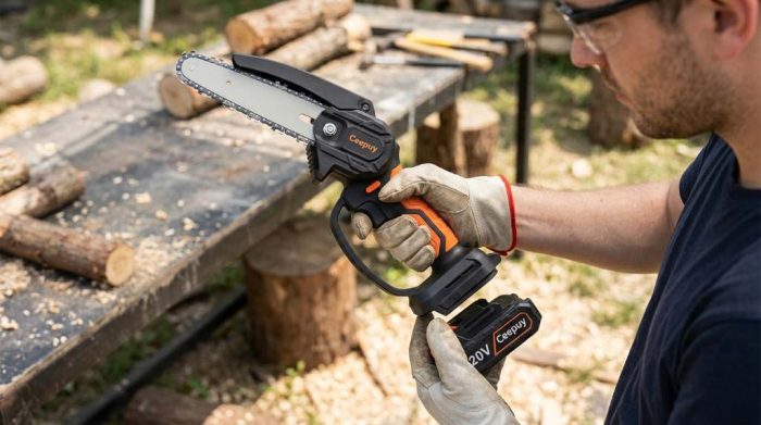 Safe branch trimming using a 6 inch cordless chainsaw