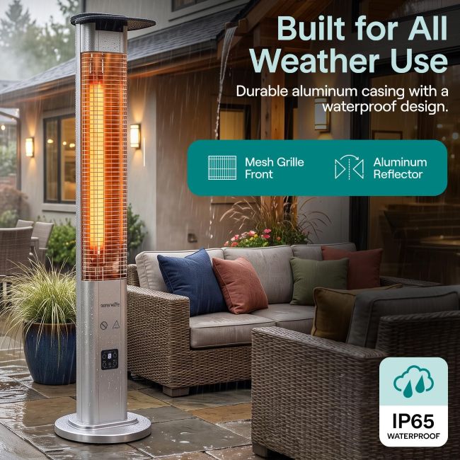 SereneLife Outdoor Electric Heater providing warmth on a patio or deck