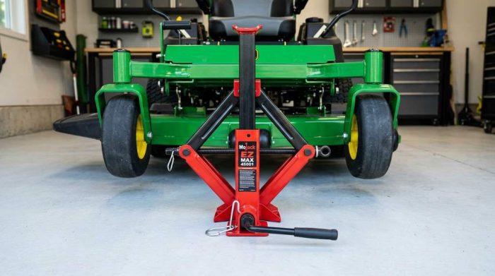 Sharpening mower blades using a raised lawn mower jack