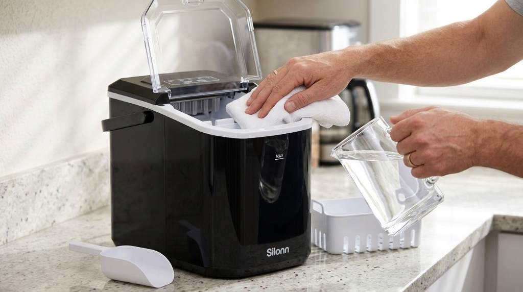 Silonn countertop ice maker placed on a kitchen counter