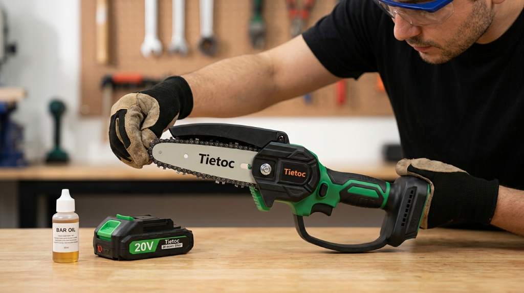 Tietoc 6 Inch Mini Electric Chainsaw ready for safe operation