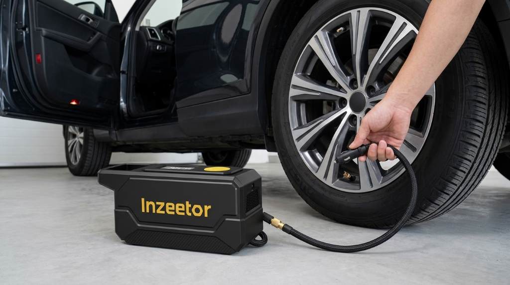 Using Inzeetor 150 PSI tire inflator on a car tire