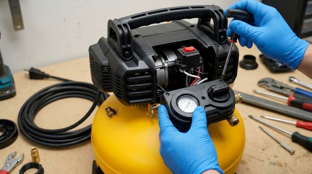 Cleaning brass tank check valve on DeWalt DWFP55126 air compressor