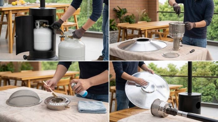 Clearing spider webs from East Oak patio heater venturi tube
