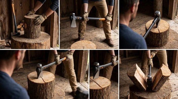 Driving a steel splitting wedge into a knotty log using the sledge face of an IsoCore maul