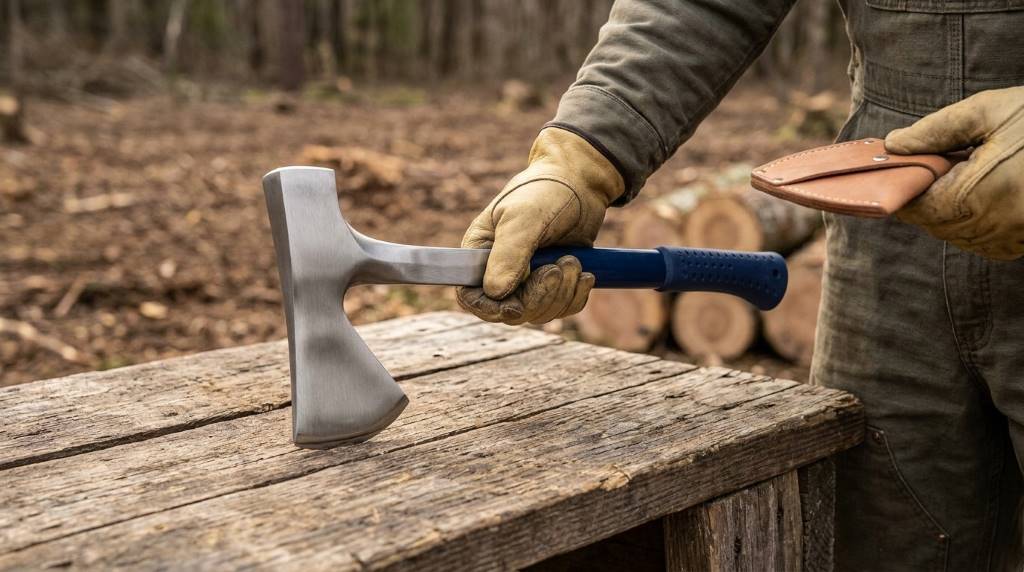 Gripping Estwing campers axe with Shock Reduction Grip on chopping block