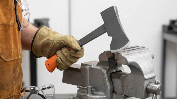 Honing an Estwing solid steel campers axe with a dual-grit sharpening stone puck