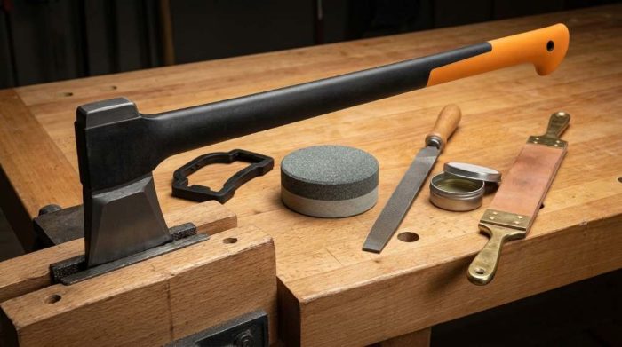 Honing the convex bevel of a Fiskars splitting axe with a dual-sided diamond bench stone